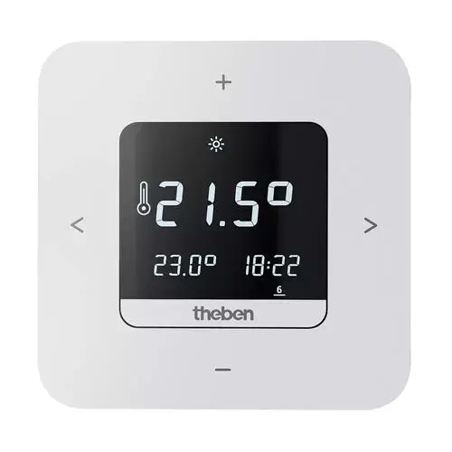 Digitales Thermostat von Theben mit LCD-Display, Temperaturanzeige von 21,5 °C, aktueller Zielwert von 23 °C und Uhrzeit. Bedienelemente für+/- und Programmierung sind sichtbar.